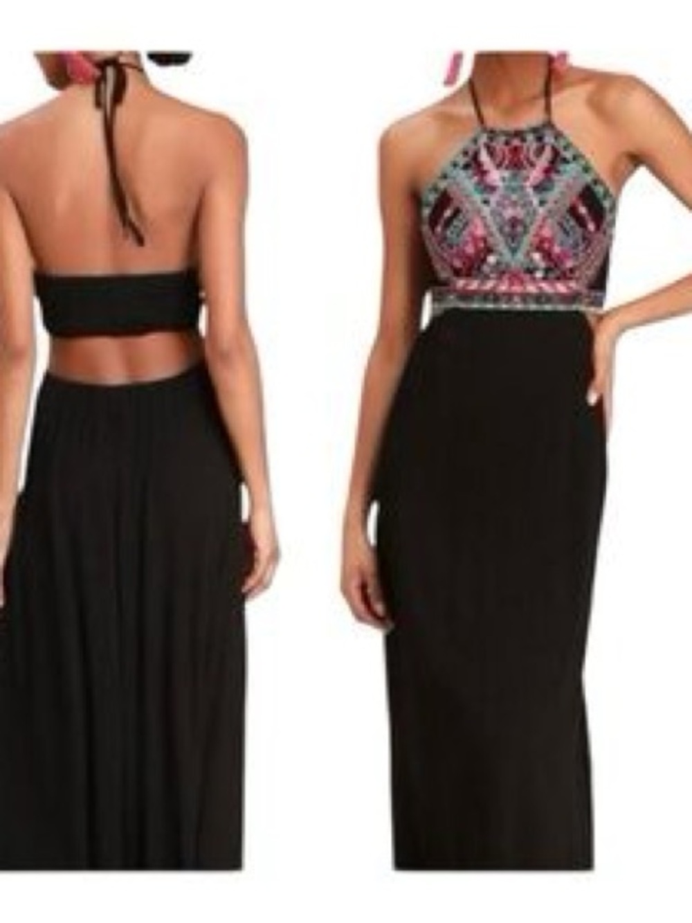 Lulu's Black Halter Maxi Dress with Multicolor Embroidered Bodice NEW WITH TAGS
